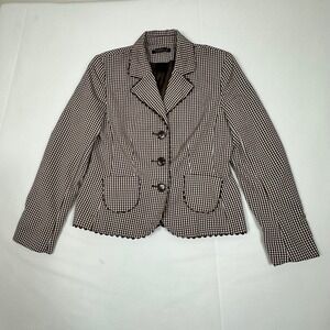 Tribella Womens Brown Gingham Check Blazer Scalloped Trim Button Front Jacket 6